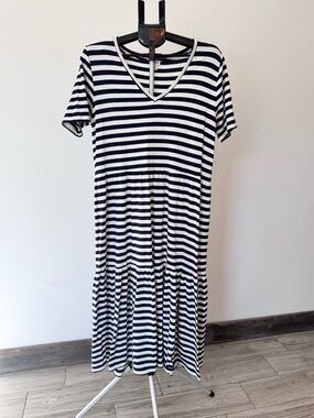 J. Crew Navy & White Striped V-Neck Maxi Dress, Size XL, Excellent Condition